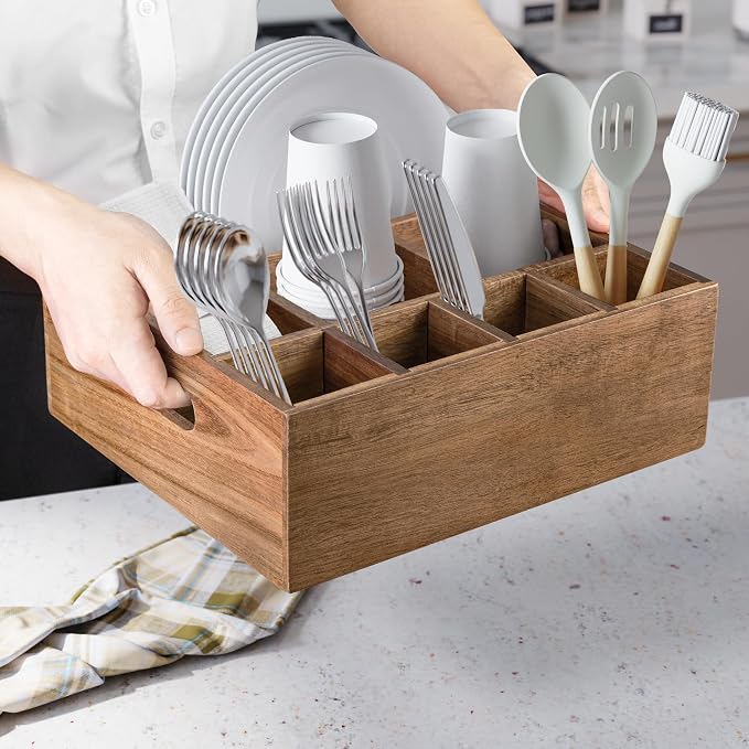 VaeFae Acacia Wood Caddy Organizer, Napkin and Paper Plate Holder, Wooden Utensil Holder, Silverware Caddy for Kitchen, Camping, Party