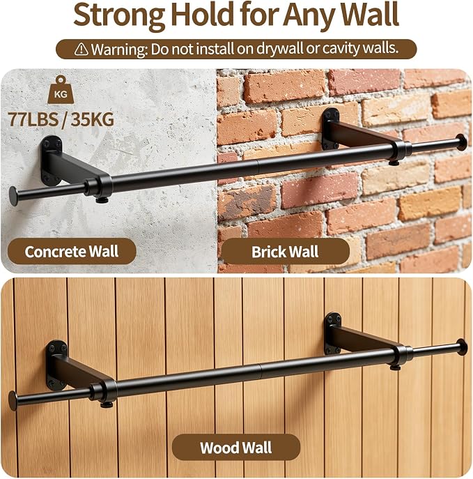 Luxspire Wall Mounted Clothes Rack, Industrial Pipe Clothing Rack, 28" Heavy Duty Extendable Iron Garment Bar, Multi-Purpose Hanging Rods for Clothes Bedroom, Laundry Room, Closet 1 Pack, Black