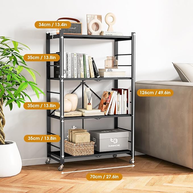 Fenbeli Foldable Shelves with Wheels - 4 Tier Folding Shelf, Collapsible No Assembly Metal Shelving Unit, Origami Storage Shelves & Rolling Storage Rack with 8 Hooks for Kitchen Pantry Garage