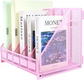 Desk Organizers Metal Magazine File Holder Racks Desktop Folder Storage Binder Organiser Document Organization for Home Office & Classroom,5 Vertical Compartments-Pink