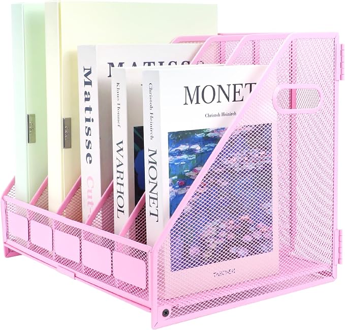 Desk Organizers Metal Magazine File Holder Racks Desktop Folder Storage Binder Organiser Document Organization for Home Office & Classroom,5 Vertical Compartments-Pink