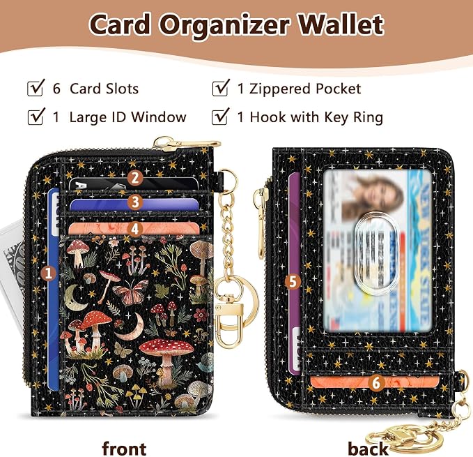 GIANCOMICS Slim Wallet Credit Card Holder Women, Mushroom Rfid Blocking Small Card Case, Keychain Thin Pocket Curved Zipper Wallet, Travel Card Holder PU Leather ID Window, Ladies Female Gifts