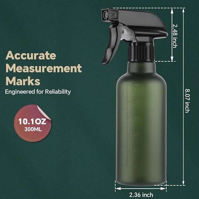 Leakproof Spray Bottles (2 Pack 10 oz), Adjustable Fine Mist & Jet Stream Nozzle, Premium BPA-Free Frosted Plastic Multi-Purpose for Hair, Plants, Cleaning (2 PACK FROSTED GREEN)