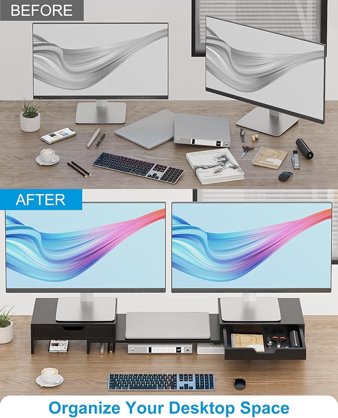 Epesoware Dual Monitor Riser with Two Drawer for Desk, No Assembly Required | Premium Bamboo Dual Monitor Stand with Storage, Desk Monitor Shelf for Computer, IMac & Laptop, Desk Organizer, Black