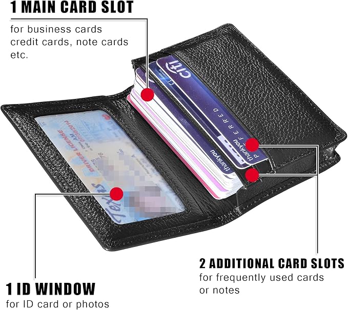 Genuine Leather Business Card Holder Name Card Case Credit Card Wallet with ID Window RFID Blocking (Black)