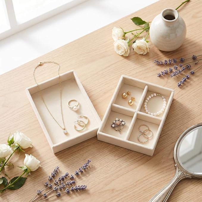 Small Jewelry Tray Set Velvet Ring Organizer Mini Jewelry Drawer Organizer Stackable Jewelrys Organizers Earrings Display Tray Storage Insert Holder for Box Drawer Dresser (Fashion)