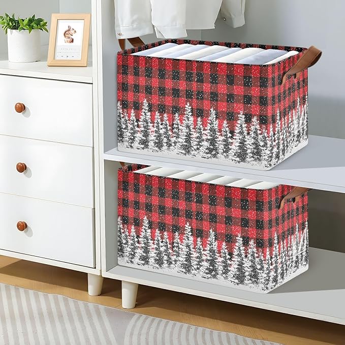 Xmas Tree Red and Black Buffalo Plaid Storage Basket Foldable Cube Storage Bins with Handles&Label Waterproof Organizer Box Bin Large Rectangle Decorative Baskets for Shelves Home Room Laundry