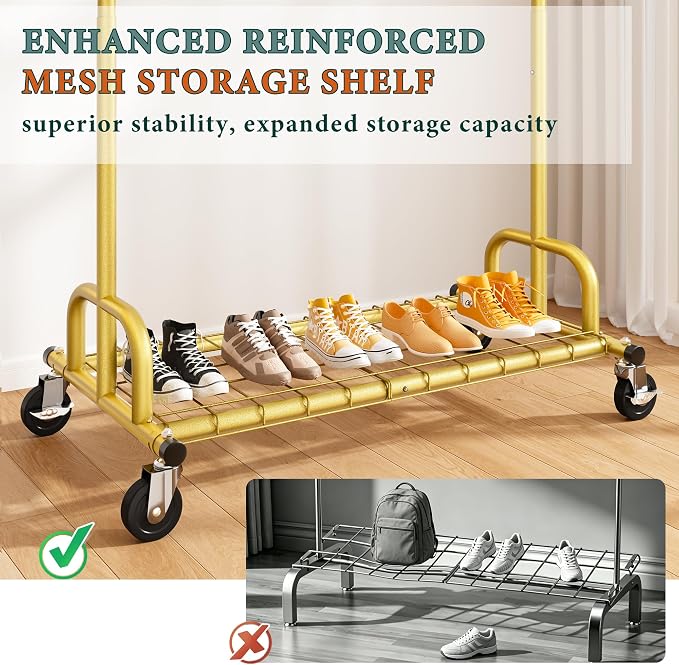 Raybee Heavy Duty Clothes Rack, Gold Clothing Racks for Hanging Heavy Clothes 200+, Rolling Clothing Rack Load 530 LBS, Extendable & Adjustable Portable Commercial Garment Rack with Wheels, Gold
