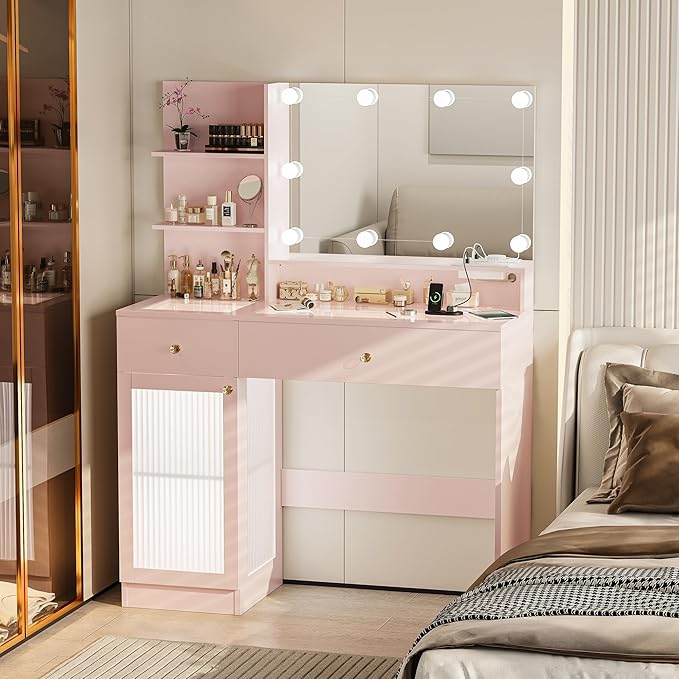 INNOD 40" Vanity Desk with Large Mirror and Lights, Modern Glass Top Makeup Vanity Set with Power Outlet,Pink