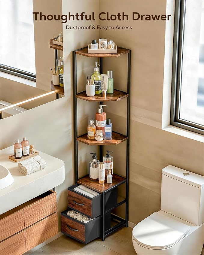 Housolution Corner Shelf Stand with Storage, 63.4'' Tall 6-Tier Corner Bookshelf Includes Fabric Drawers, Freestanding Corners Storage Shelf for Living Room Bedroom Kitchen Bathroom (Black + Brown)