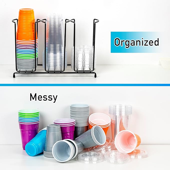 Inevibe Wire Frame Cup and Lid Organizer, 3 Compartment Metal Rack Design Storage Holder for Plastic, Coffee Beverage Cups