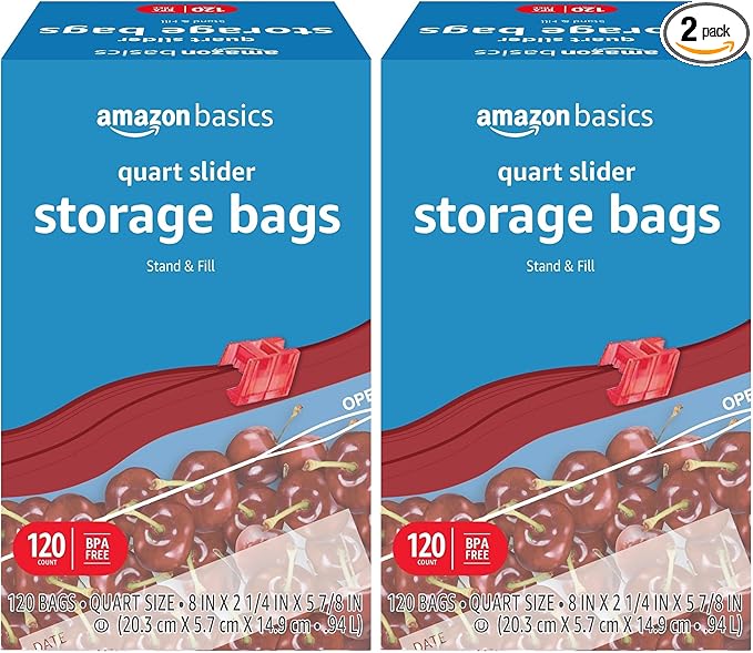 Amazon Basics Slider Quart Food Storage Bags, BPA Free, 120 Count (Previously Solimo) (Pack of 2)