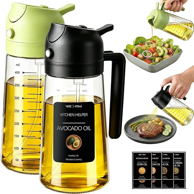 Poshetion 2 in 1 Olive Oil Sprayer for Cooking, 16oz Oil Dispenser for Kitchen, Leak-Proof Oil Spray Bottle for Air Fryer, Salad, BBQ, Baking, Grilling - Black & Green