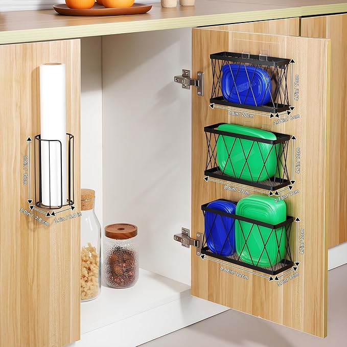 YIGII 3 Pack Adhesive Cabinet Organizer - Wall Mounted Pantry Door Organizer Bin Holder for Tupperware Lid Kitchen Wall Under Sink Basket Slim Space Black Stainless Steel