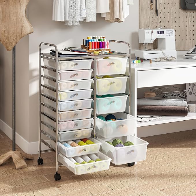 DREAMADE 15-Drawer Rolling Storage Cart, Mobile Craft Cart, Clear | Utility Organizer with Lockable Wheels, Removable Plastic Drawers and Metal Frame for Home Office, Classroom and Studio