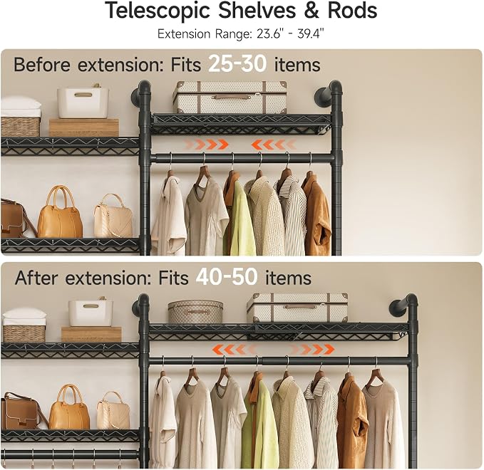 ONBRILL H2 Plus Expandable Wall Mounted Closet System, 3.8FT-5.1FT Closet Organizer with Telescopic Shelves & Adjustable Rods, Industrial Pipe Clothing Rack for Walk-in & Reach-in Closet (Black)