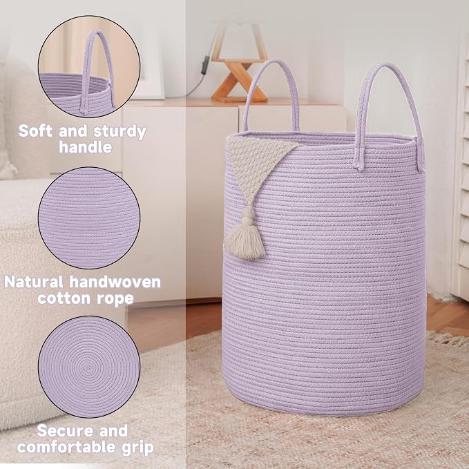 JMvicyroam Large Woven Laundry Basket Hamper,100L Cotton Rope Storage Bin for Blankets,Toys and Clothes,Decorative Tall Nursery Hamper for Living Room,Baby Nursery,Bathroom and Bedroom,Purple