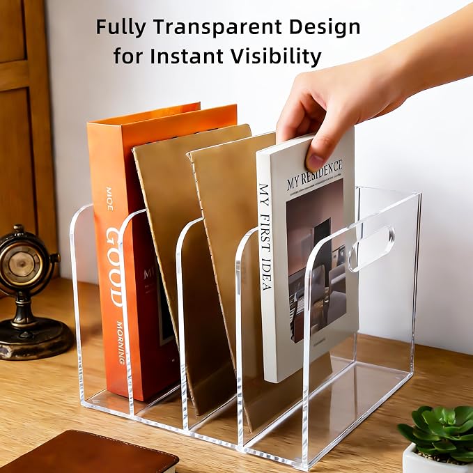 Clear Acrylic Magazine File Holder, 4 Compartment Desk Organizer | 4 spacious vertical compartments hold magazines, files, books & more. Clear acrylic, non-slip base. No assembly, portable.