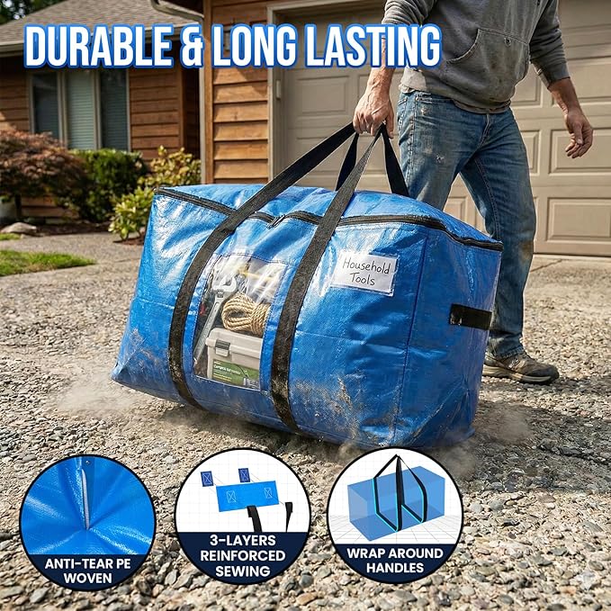 TAILI Extra Large Moving Bags, 8 Pack Blue Heavy Duty Totes For Storage with Visible Window, Wrap Around Handles, Storage Bags for Space Saving, Alternative to Moving Boxes