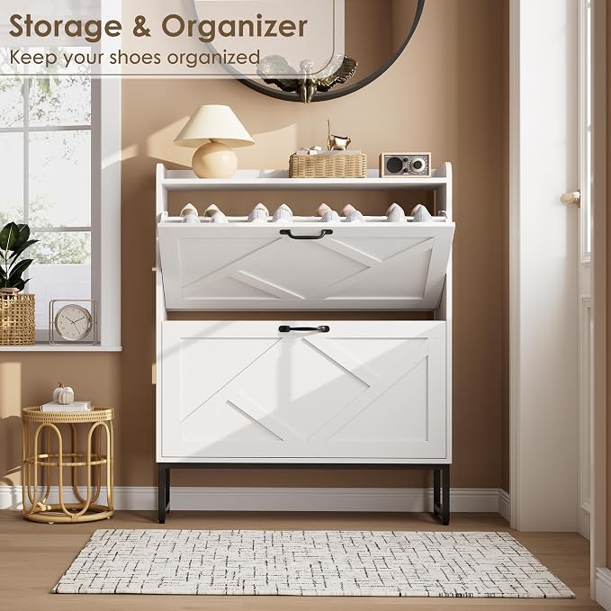 Nicetree Shoe Cabinet with 2 Flip Drawers, Freestanding Shoe Organizer, Shoe Cabinet with Metal Legs, Narrow Shoe Rack Cabinet for Entryway, Foyer, Hallway, White