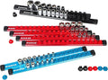 PINOZE 8PCS Magnetic Socket Holder Organizer Set - 1/4, 3/8, 1/2 - Aluminum Alloy Socket Rail Trays for Tool Box Drawer, Socket Rack Kit with 114Pcs Clips for Automotive Garage(Blue Red Black)
