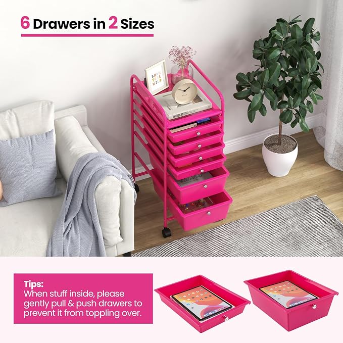 DREAMADE Rolling Cart with Storage Drawers, Utility Cart w/Removable Plastic Drawers, Lockable Wheels, Art Cart for Classroom Organization Art Supplies Office Scrapbook (6 Drawers, Hot Pink)