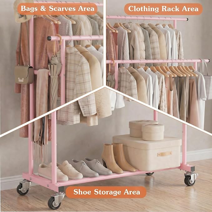 Calmootey Rolling Garment Rack with 2 Rods, Clothes Organizer for Bedroom | High-Low Rods, Two Lockable Wheels, Sturdy Metal Frame, Space-Saving, Fits Laundry, Living Room, Pink