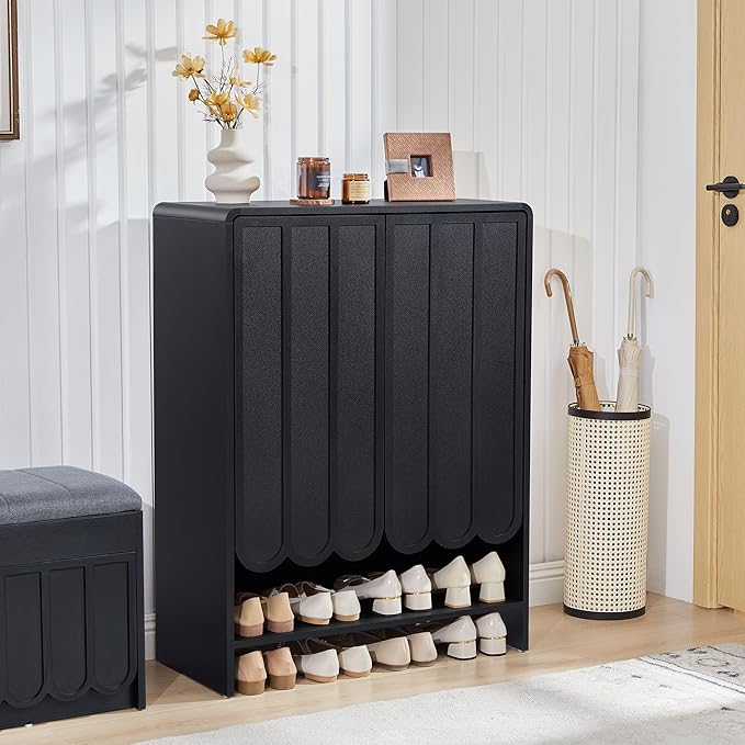 ORRD Shoe Storage Cabinet with Scalloped Doors, 5-Tier Wooden Shoe Cabinet with Adjustable Shelves, Shoes Rack Storage Organizer for Entryway, Hallway, Living Room, Black