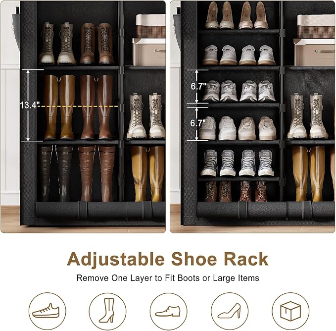 9 Tier Shoe Rack with Cover, Cabinet for 55 Pairs, Black | Large family capacity for boots/heels/sneakers. Reinforced stability. Slim footprint, corner-friendly. Quick no-tool setup.