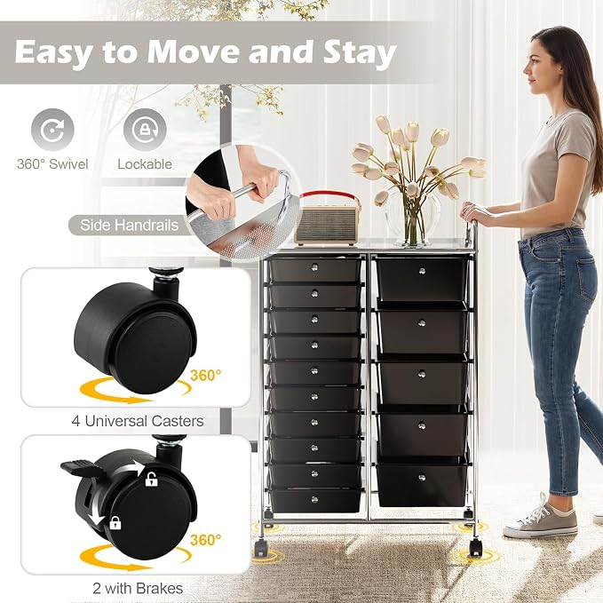 DREAMADE 15-Drawer Rolling Storage Cart, Mobile Craft Cart, Black | Utility Organizer with Lockable Wheels, Removable Plastic Drawers and Metal Frame for Home Office, Classroom and Studio