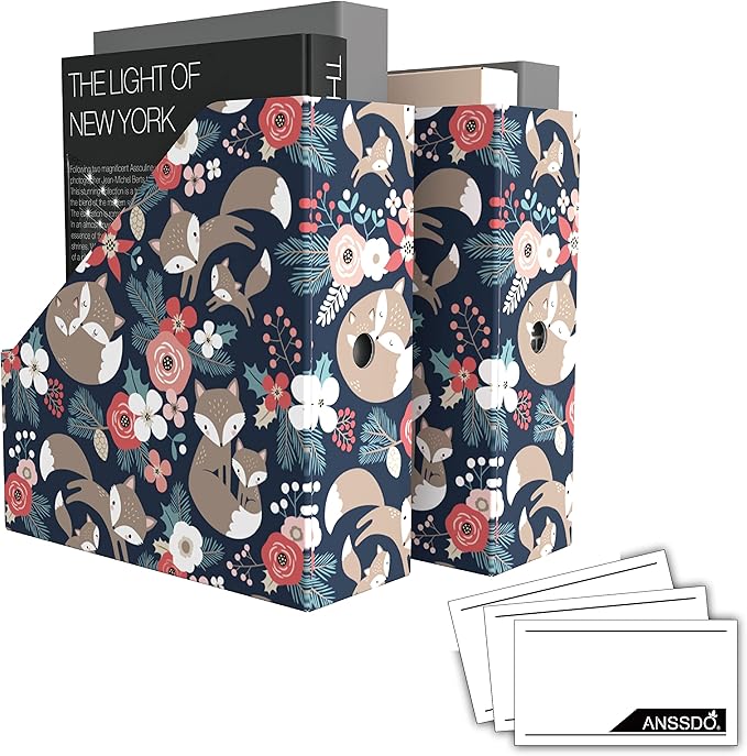 ANSSDO 6 Pack Cardboard Magazine Holder File Organizer - Black Floral | 12 Pieces Lable Included; Easy Assemble and Label; Large Volume Recycable Storage Box for Letter-sized Documents or Textbooks