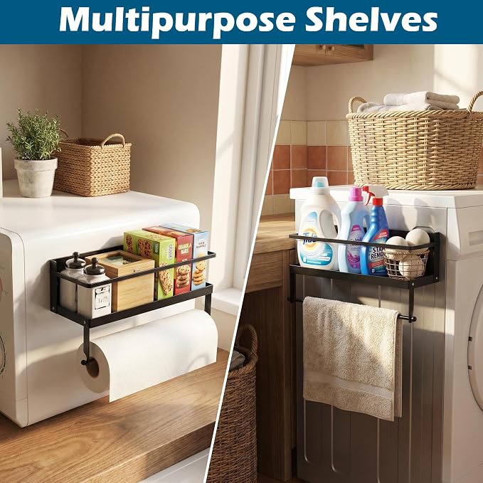 Magnetic Spice Rack Organizer for Refrigerator, 1 Pack, Paper Towel Holder Magnetic with Hooks, Multi Use Kitchen Shelf, 12.8"x4.3"x6.3", Black
