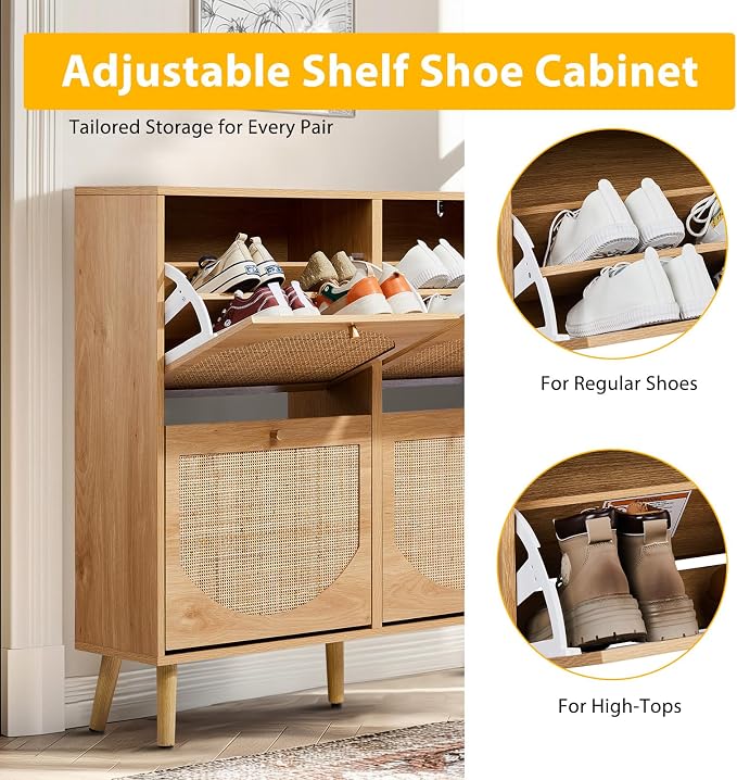 Karl home Natural Rattan Shoe Cabinet with 4 Flip Drawers Entryway Storage | Freestanding Hidden Shoe Organizer Cupboard, Rattan Storage for Entryway, Hallway, Living Room