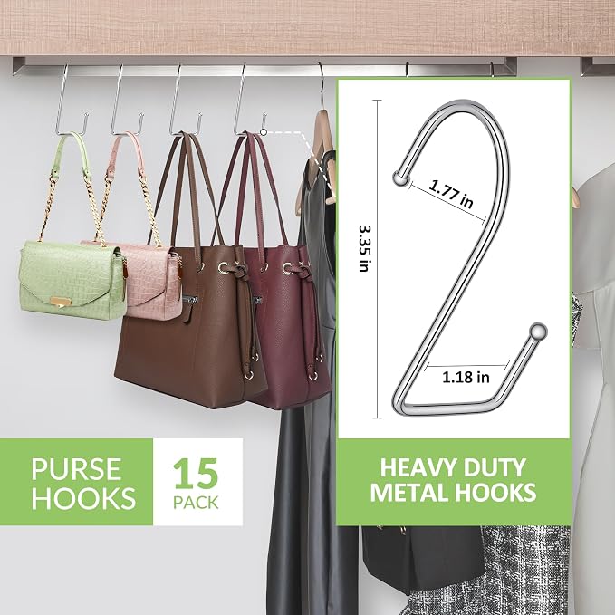 15 Pack Purse Hanger for Closet, Super Sturdy Purse Hooks, Hanging Backpack Bag Holder, Closet Organizers and Storage, Silver
