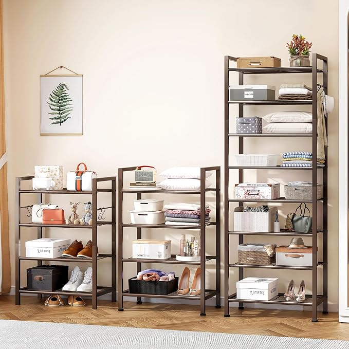usikey 8 Tiers Narrow Shoe Rack 16-24 Pairs, Sturdy Metal Tall Shoe Rack with 4 Hooks, Slim Shoe Storage Organizer with Metal Shelf, Space Saving Vertical Shoe Shelf for Closet Entryway, Bronze