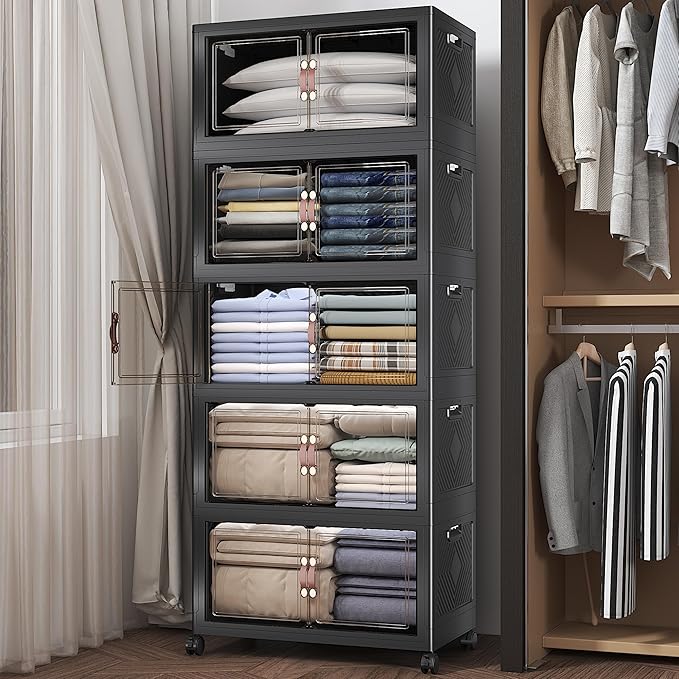 UAMFURI Extra Large Stackable Storage Bins with Lids & Wheels, Foldable Collapsible Closet Organizers Dark Storage Cabinet with Doors for Bedroom Dorm