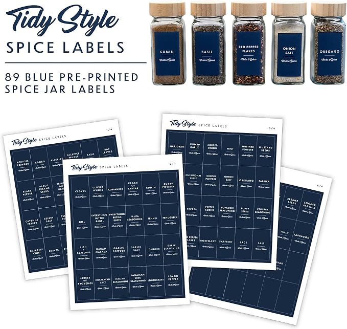 Spice Jar Labels – 89 Preprinted Waterproof Stickers, Minimalist Kitchen Seasoning Labels for Pantry Organization (White, Black, Navy)