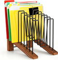 TREWAVE Inclined File Organizer for Desk, Adjustable 7-Section Vertical Desk File Organizer with Wooden Base, Metal Desktop Paper Folder Holder for Office, Home, Classroom and School Workspace