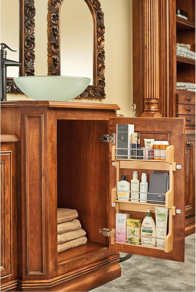 Rev-A-Shelf 18" 3 Tiered Pull Out Shelf Organizer for Kitchen Cabinets, Pantry Storage Spice Seasoning Rack, Door/Wall Mounted, Maple Wood, 4SR-18