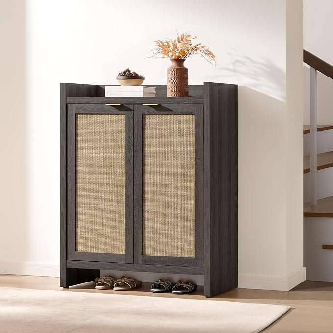 SICOTAS Shoe Storage Cabinet Set of 3, Large Capacity Rattan Shoe Cabinet for Entryway, 6-Tier 41" Tall Shoe Cabinet, Farmhouse Wooden Storage Cabinet for Living Room Hallway, Black Oak