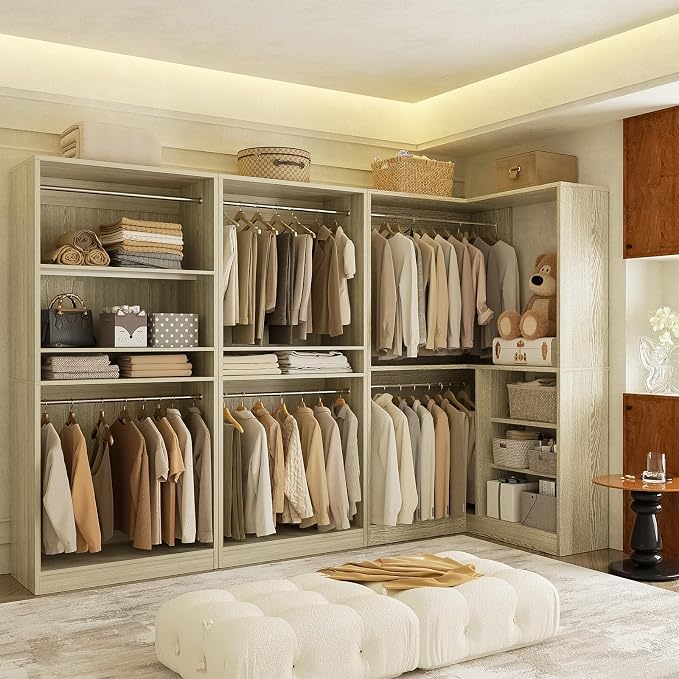 Unikito 108” Corner Closet System, 3-Piece L-Shaped Closet Organizer with 2 Closet Towers and 1 Corner Unit, Heavy Duty Wood Garment Rack with 6 Hanging Rods, Freestanding Walk-in Wardrobe, White Oak