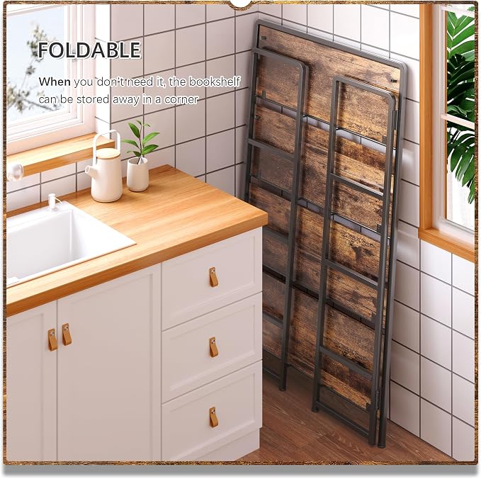 4NM No Assembly Extra Wide 4 Tiers Folding Bookshelf Storage Shelves Vintage Bookcase Standing Racks Study Organizer Home Office (Rustic Brown Black)
