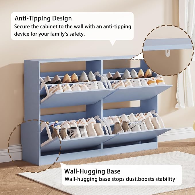 Shoe Storage Cabinet, Wood Shoe Organizer for Entryway with 3 Flip Drawers, Freestanding Shoe Rack with Adjustable Shelf, Narrow Shoe Dresser for Front Door Entrance (Blue, Standard 4 Drawers)