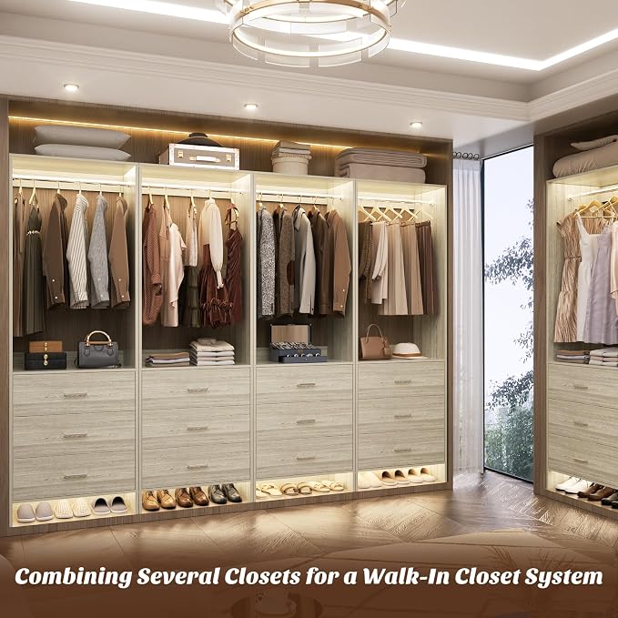 Aheaplus Closet System Closet Organizer, Wood Closet Organizer System, Walk-in Closet or Small Closets Wardrobe, Clothes Rack with Hanging Rods, 8FT Closets, Set of 4, -D1, White Oak