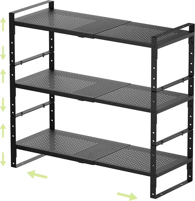 Expandable Shoe Rack Heavy-Duty Closet Organizer Adjustable Shelf Stackable Metal Framework for Entryway, Garage,RV,Pantry,Cabinet(Large,3 Packs/Black)