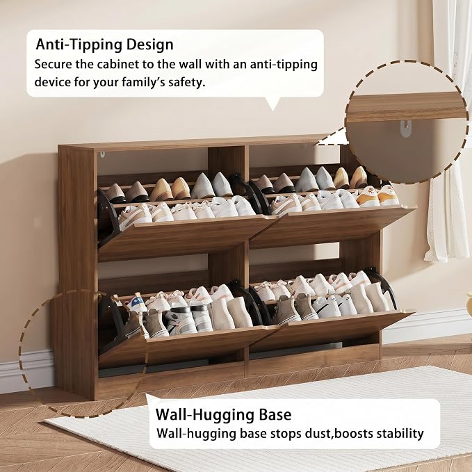 Shoe Storage Cabinet, Wood Shoe Organizer for Entryway with 3 Flip Drawers, Freestanding Shoe Rack with Adjustable Shelf, Narrow Shoe Dresser for Front Door Entrance (Walnut, Standard 4 Drawers)