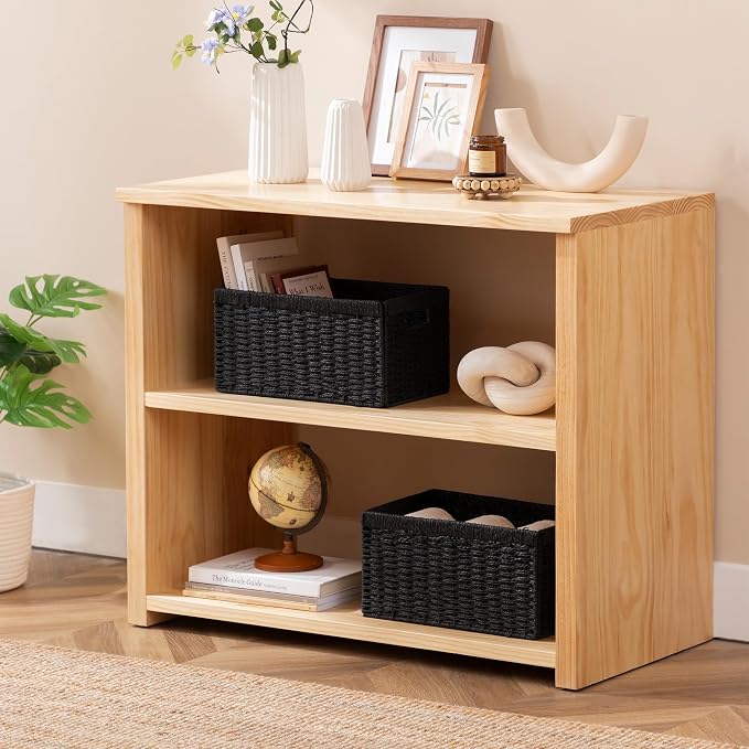 joybest Black Wicker Baskets for Shelves, 13.4L x 8.3W x 7.1H inch Hand-woven Storage Baskets for Pantry Organizing, Foldable Rectangular Bin with Handles, 2-pack