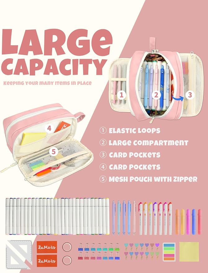 SUNEE Large Pencil Case, Big Capacity Pen Pouch with 3 Compartments, Kawaii Cute Pencil Bag with Zipper, High Storage Stationery Holder and Organizer, School Supplies for Teen and Adult Girls, Pink