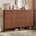 Evermagin 47.2''W Walnut Shoe Cabinet Storage for Entryway, Fluted Slim Shoe Dresser with 4 Flip Drawers, Narrow Shoe Rack Cabinet, Hidden Shoe Organizer Cabinet for Entrance, Hallway