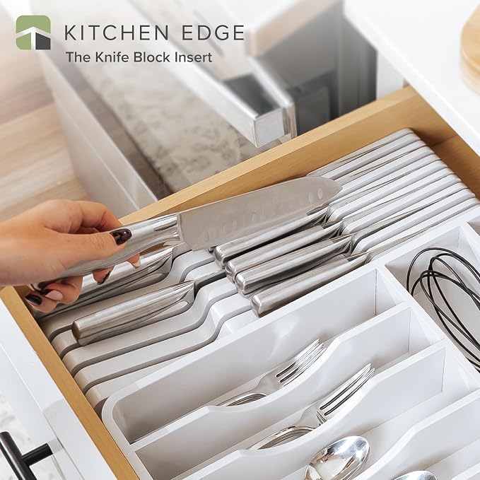 KitchenEdge In-Drawer Knife Block Holder, 11 Slots, White | Fits most knife sizes, rubber feet, food-safe finish